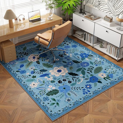 Rugcomf Bedroom Rug 3x5 Rug Washable Area Rug Non Slip Low Pile Boho Floral Small Carpet for Bedroom, Bedside, Kitchen, Entryway, Kids Room, Office, College Dorm Essentials for Girls(Blue)