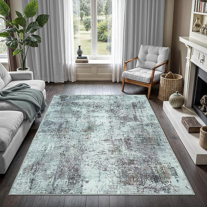 GLN Rugs Contemporary Collection - Machine Washable Area Rug, Contemporary Washable, Non Slip, Low Pile Chenille Rug, Living Room, Bedroom, Kitchen Rug (8' x 10' Grey/Green)