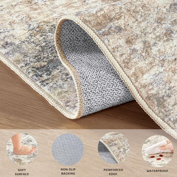10ft Round Area Rug Living Room Rugs - 10x10 Washable Large Neutral Modern Abstract Soft Thin Rug Indoor Floor No Slip Rug Carpet for Bedroom Under Dining Table Home Office Decor - Golden Grey