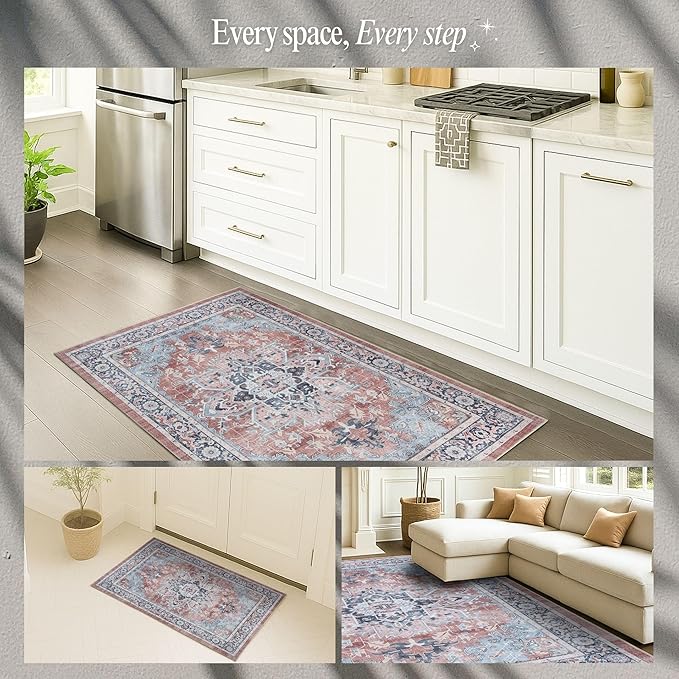 Fame Rugs Turkish Rug. Washable Vintage Oriental Antique Inspired Traditional Doormat Small Modern Area Rugs Luxury Entryway Entry Bedroom Bathroom Kitchen (401TB, 4'9 x 6'9)