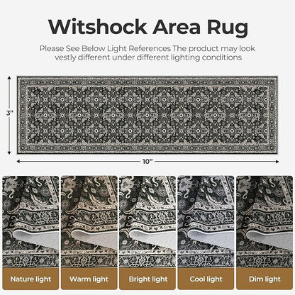 WITSHOCK Living Room Area Rugs 3x10: Soft Non-Slip Backing Washable Rugs Vintage Large Carpet for Bedroom Office Dining Room Kitchen Stain Resistant Home Decor Rug,Black