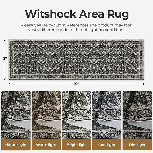 WITSHOCK Living Room Area Rugs 3x10: Soft Non-Slip Backing Washable Rugs Vintage Large Carpet for Bedroom Office Dining Room Kitchen Stain Resistant Home Decor Rug,Black