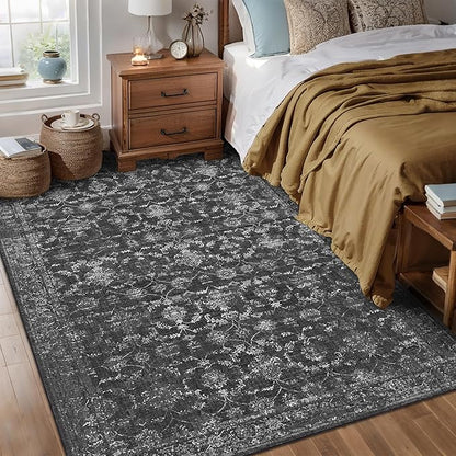 Washable Area Rug 6x9 Black Rugs for Living Room, Vintage Boho Large Rug for Bedroom Dining Room Office, Distressed Floral Print Carpet for Under Table, Soft Non Slip Low Pile Throw Carpet Indoor Mat