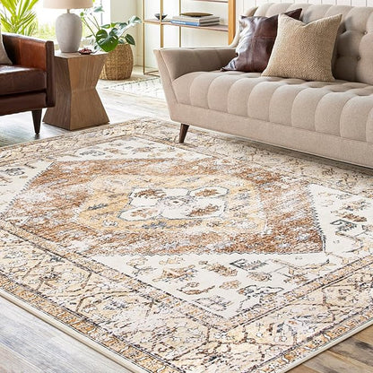 Lahome Rug for Living Room Machine Washable Area Rug 6x9 Boho Non Slip Bedroom Carpet Throw Ultra Thin Carpet for Dining Room, Farmhouse Neutral Print Soft Indoor Mat for Office Home (Taupe, 6'x9')