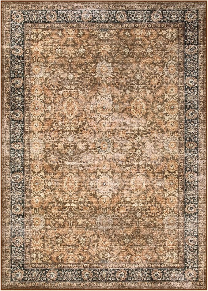 Morebes Washable Living Room Rug 5x7, Vintage Room Rugs for Bedroom Non-Slip, Soft Low-Pile Non-Shedding Dark Brown Rug Indoor Floral Print Throw Carpet for Bedside Farmhouse Dining Room