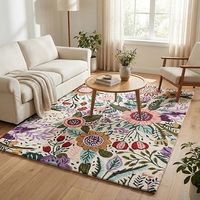 Hand-Tufted Floral Area Rug - Colorful Garden Design with Beautiful Flower Patterns - Modern Style Premium Carpet for Living Room & Bedroom or Kitchen (6' Round)