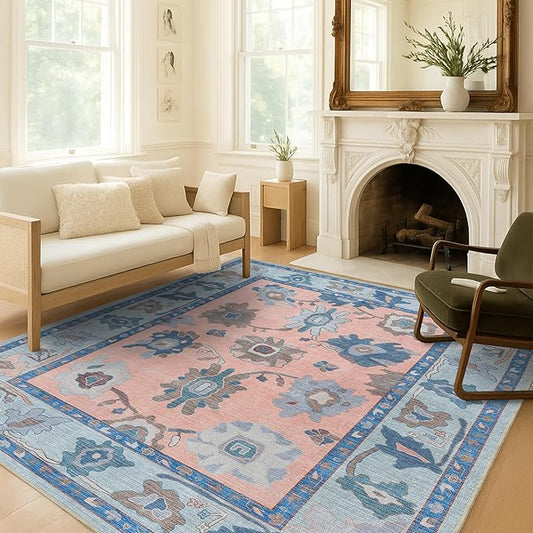 Fame Living Modern Oushak Rug, Vintage, Turkish, Eclectic, Floral, Pastel, Washable, Extra Large Area Rugs for Living Room, Dining, Bedroom, Lounge, 9'x12'