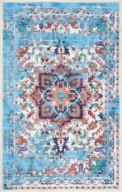 GLN Rugs Traditional Collection - Machine Washable Area Rug, Traditional Washable, Non Slip, Low Pile Chenille Rug, Living Room, Bedroom, Kitchen Rug (2' x 3' Blue/Multicolor)