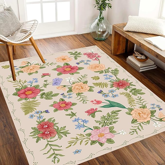 Rustic Flower Area Rug, 3x5ft, Classic Colorful Bohemian Floral Pattern with Beige Large Hall Botanical Rug, Non Slip No Crease Easy Care Girls Room Decor Carpet for Relax Room Bedroom