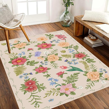 Rustic Flower Area Rug, 4x5ft, Classic Colorful Bohemian Floral Pattern with Beige Large Hall Botanical Rug, Non Slip No Crease Easy Care Girls Room Decor Carpet for Relax Room Bedroom