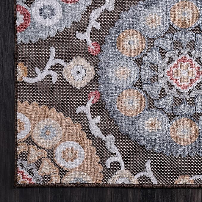 CAMILSON Indoor Outdoor Rug 8x10 Bohemian Medallion Floral Area Rugs for Indoor and Outdoor Patios Easy-Cleaning Non-Shedding Living Room Garden and Kitchen Washable Outside Carpet (8 x 10 / Brown)