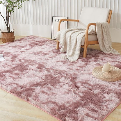 Andency Area Rugs 9x12 for Living Room Home Decor, Large Shaggy Bedroom Carpet, Non-Slip Big Shag Indoor Thick Soft Fluffy Furry Fur Area Rugs for Kids Dorm Nursery Aesthetic, Tie-Dyed Dusty Pink