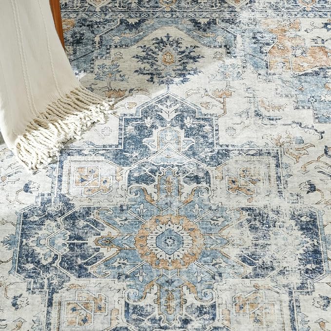 jinchan Kelda Area Rug 4x6 Washable Bedroom Rug Vintage Indoor Floor Cover Distressed Lightweight Non-Slip Low Pile Thin Mat Accent Stain Resistant Carpet for Living Room Dining Room Office Blue