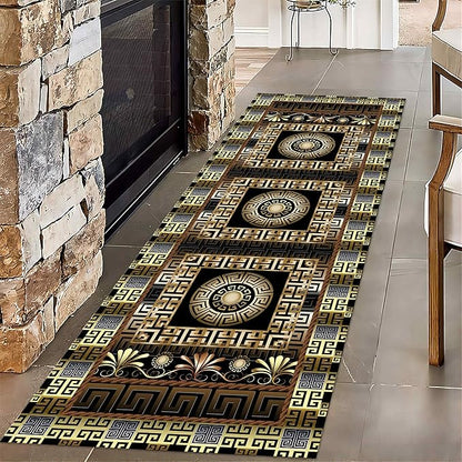 Luxury Greek Key Runner Rug, 2x8ft, Black Gold Arabic Style Long Hallway Rug Runners, Modern Black Gold Rugs for Living Room, Easy Clean Pet Friendly Non-Slip Mat for Entryway Floor