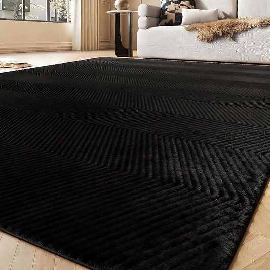 Area Rug for Living Room - 3x5 Soft Faux Rabbit Fur Modern Geometric Wave Carpet for Bedroom, Black