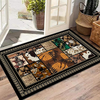 Floral Tropical Patchwork Area Rug 3x4ft, Vintage Black & Brown Country Carpet, Low Pile Non-Slip Mat for Cozy Bedroom, Dining Room, Farmhouse Decor