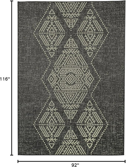 FH Home Flat Woven Outdoor Rug - Waterproof, Easy to Clean, Stain Resistant - Premium Polypropylene Yarn - Boho Moroccan - Large Patio, Deck, Sunroom - Ariana - Charcoal - 7ft 8in x 9ft 8in