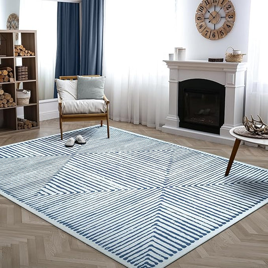 Bloom Rugs Washable Non-Slip 8' x 10' Rug - Blue/Ivory Striped Area Rug for Living Room, Bedroom, Dining Room, and Kitchen - Exact Size: 8' x 10'