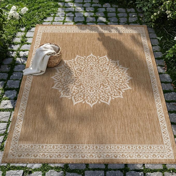 CAMILSON Outdoor Rug 6x9 Medallion Natural Modern Area Rugs for Indoor and Outdoor Patios Kitchen and Hallway Mats Washable Porch Deck Outside Carpet (Medallion Natural 6 x 9)