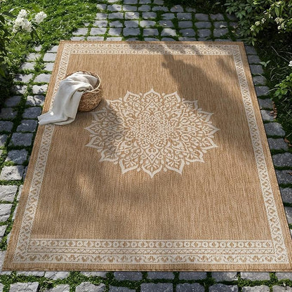 CAMILSON Outdoor Rug 6x9 Medallion Natural Modern Area Rugs for Indoor and Outdoor Patios Kitchen and Hallway Mats Washable Porch Deck Outside Carpet (Medallion Natural 6 x 9)