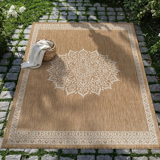 CAMILSON Outdoor Rug 6x9 Medallion Natural Modern Area Rugs for Indoor and Outdoor Patios Kitchen and Hallway Mats Washable Porch Deck Outside Carpet (Medallion Natural 6 x 9)