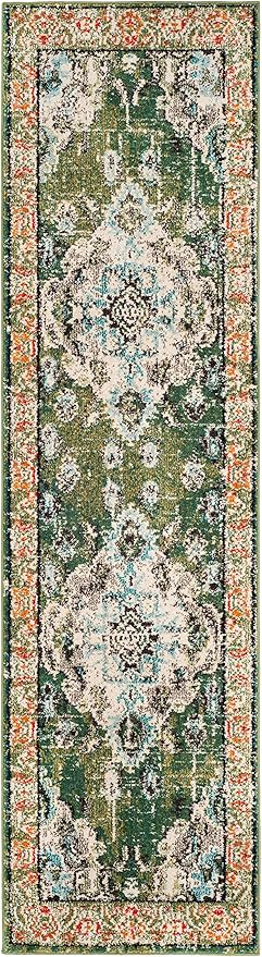 SAFAVIEH Monaco Collection Runner Rug - 2'2" x 14', Forest Green & Light Blue, Medallion Distressed Design, Non-Shedding & Easy Care, Ideal for High Traffic Areas in Living Room, Bedroom (MNC243F)