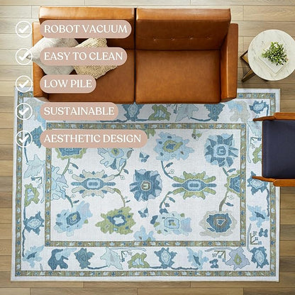 Fame Living Green Oushak Rug, Modern, Vintage, Turkish, Eclectic, Floral, Pastel, Washable, Extra Large Area Rugs for Living Room, Dining, Bedroom, Lounge, 9'x12'