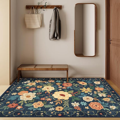 DUKINO 3x5 Area Rug, Floral Rugs for Living Room, Lightweight Non Slip Washable Rug, Indoor Low Pile & Non-Shedding Boho Design Rugs for Bedroom, Living Room, Dining Room, Dark Blue