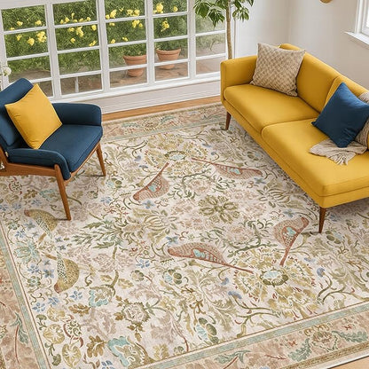 Washable Area Rugs 5x8 for Bedroom - Western Nature Rugs for Living Room, Dinning Room,Playroom, Guest Room with Boho Beige Neutral Botanical & Bird Pattern, Non Slip Stain Resistant Low Pile