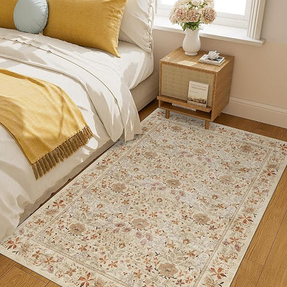 DUKINO 3x5 Area Rug, Vintage Floral Washable Rug for Bedroom with Non Slip Design, Soft Low Pile Indoor Small Carpet for Bedroom, Farmhouse, Living Room, Office, Bathroom, Beige