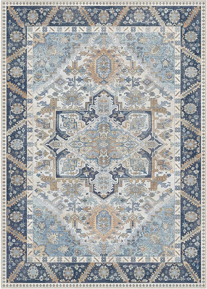 5x7 Area Rug Machine Washable Boho Rug for Living Room,Ultra-Thin Low Pile Carpet,Lightweight Indoor Printed Rug,Non Slip Floral Area Rug for Bedroom, Dining Room, Home Office,Blue