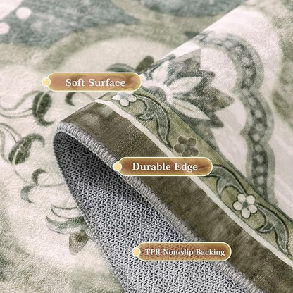 EnHomee Area Rugs 5x7, Soft Washable Rugs for Living Room Bedroom, Boho Non Slip Low Pile Stain Resistant Washable Rug Large Carpet for Dining Room,Easy to Clean Living Room Rug, Green