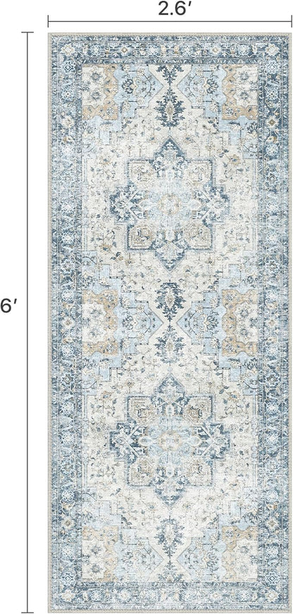 Runner Rug 2'6''x6, Non Slip Vintage Hallway Runner Rugs, Machine Washable Runners, Low Pile Lightweight Mat for Entryway, Hallway, Kitchen and Corridor, Blue