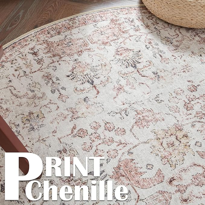 jinchan Kalen Round Rug 6ft Area Rug Washable Vintage Indoor Retro Accent Floor Cover Distressed Floral 6' Round Circle Boho Non Slip Thin Carpet for Living Room Dining Room Bedroom Kitchen Red