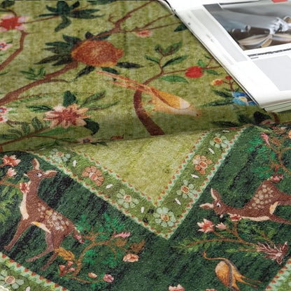 Green Area Rug 3x5 Washable, Non-Slip Small Rug Carpet, Floral Boho Low Pile Soft Throw Rugs for Entryway, Bedroom, Kids Room, Dorm, Office, Nursery, Vintage Home Decor