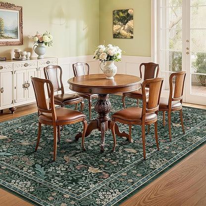 6x9 Floral Washable Area Rug for Living Room, Vintage Boho Rugs for Bedroom Dining Room, Botanical Birds Non Slip Low Pile Forest Throw Carpet for Farmhouse Office, Retro Green/Blue