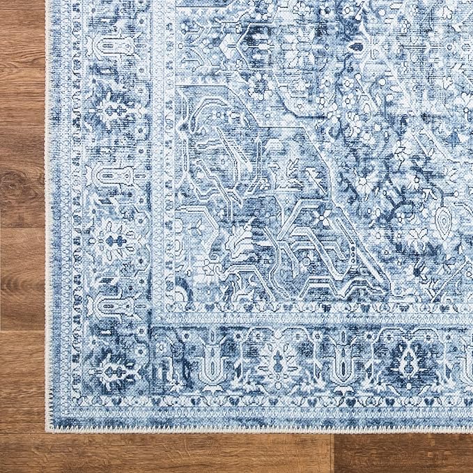 Bloom Rugs Washable Non-Slip 5' x 7' Rug - Ivory/Denim Blue Traditional Medallion Area Rug for Living Room, Bedroom, Dining Room, and Kitchen - Exact Size: 5' x 7'