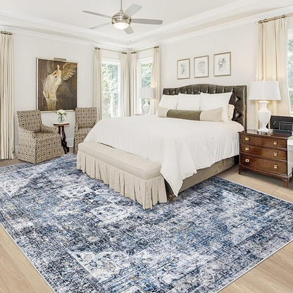 Area Rug 8x10 Washable Rug, Vintage Boho Medallion Rugs Non-Slip Soft Low Pile Large Distressed Rug Indoor Retro Carpet for Living Room Bedroom Dining Room Home Office (Blue, 8'x10')