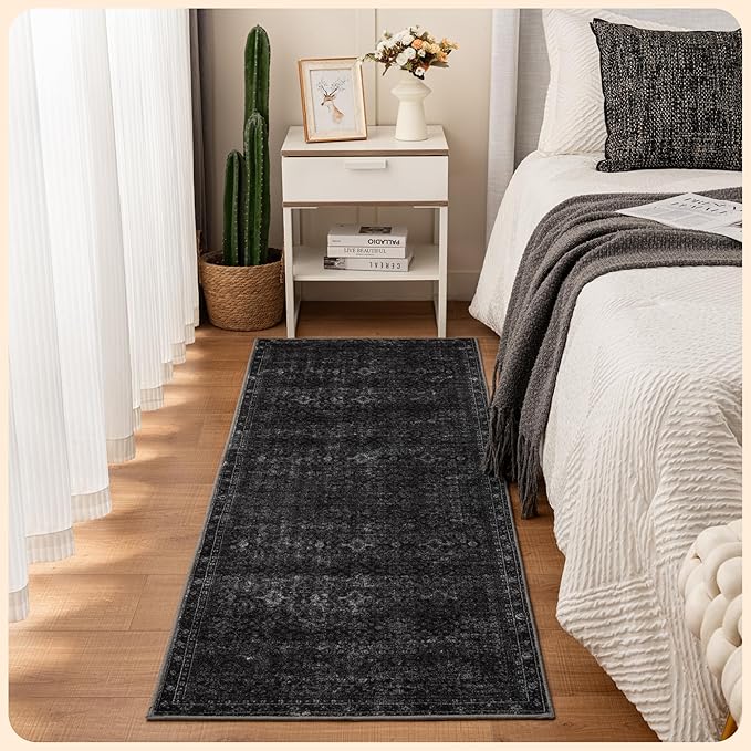 Istana Hallway Runner Rug 2x6 - Black Kitchen Rugs Non Slip Washable -Silk's Soft Touch Carpet Runner - Stylish Rug for Home