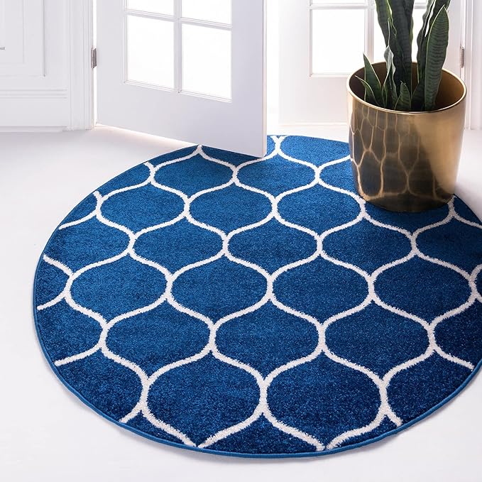 Rugs.com Lattice Frieze Collection Rug – 5' Round Navy Blue Medium Rug Perfect for Kitchens, Dining Rooms