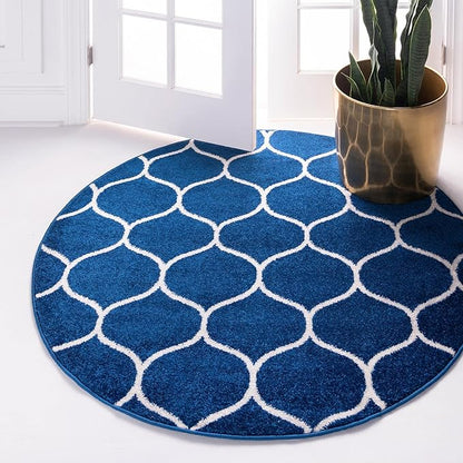 Rugs.com Lattice Frieze Collection Rug – 8' Round Navy Blue Medium Rug Perfect for Kitchens, Dining Rooms