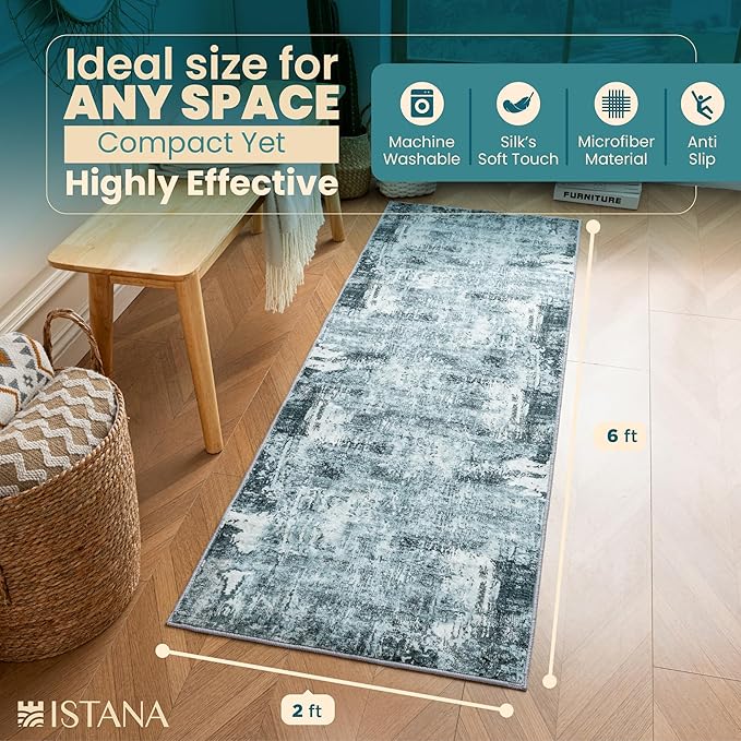 Istana Hallway Runner Rug 2x6 - Blue Kitchen Rugs Non Slip Washable -Silk's Soft Touch Carpet Runner - Stylish Rug Runner for Home
