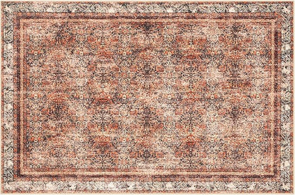 Phantoscope Washable Area Rug 4'x6' Non-Slip, Vintage Neutral Xmas Rugs for Living Room, Bedroom, Dining Room, Distressed Boho Floral Medallion Pattern, Low-Pile Foldable Floor Carpet, Brick Red/Black