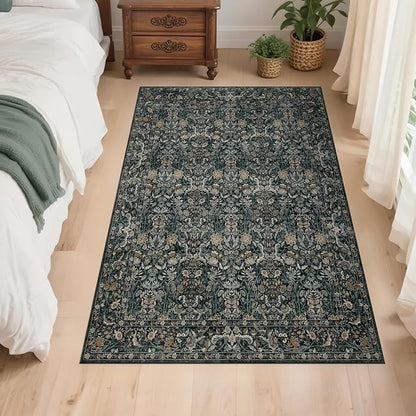 Washable Living Room Rug: 3x5 Boho Floral Soft Area Rug for Bedroom Decor - Vintage Low Pile Thin Carpet for Dining Room Non-Slip - Farmhouse Stain Resistant Rugs - Dark Green