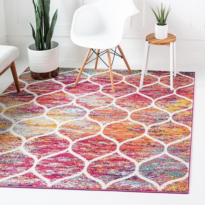 Rugs.com Lattice Frieze Collection Rug – 4' Square Multi Medium Rug Perfect for Living Rooms, Kitchens, Entryways