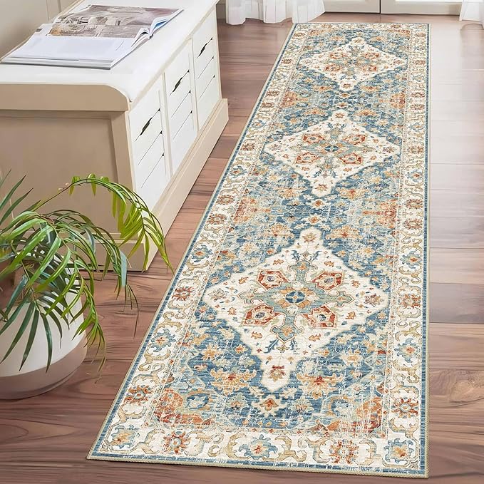 Enkor Runner Rugs for Hallway, 2x8 Washable Soft Non Slip Floor Rugs for Kitchen, Modern Mat for Living Room Bedroom Entryway Orange & Blue
