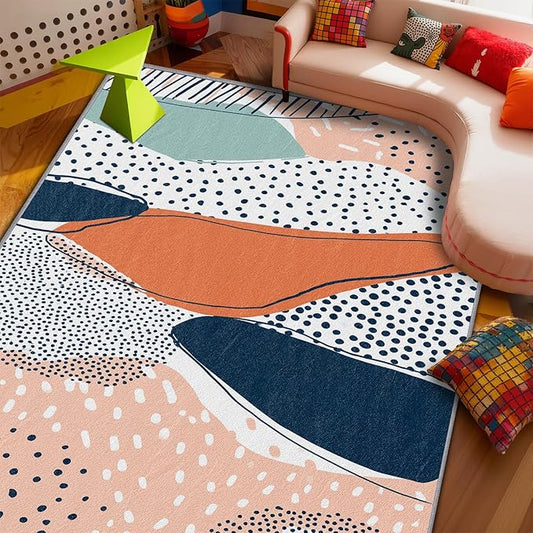 Abstract Rug - 4x6 Rug, Polka Dot Color Block Area Rugs, Boho Multicolor Low Pile Stain Resistant Floor Carpets House Decor #C044
