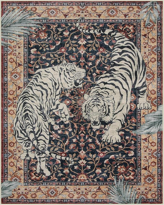 Moynesa Tiger Washable Area Rugs 8x10, Large Boho Rugs for Living Room, Vintage Non Slip Dining Room Rugs for Under Table, Ultra Thin Soft Floor Carpet for Office Bedroom, Puce Red