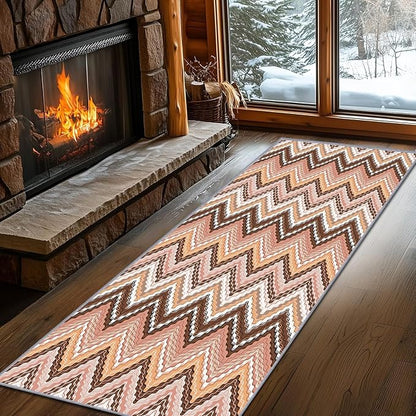 Brown Pink White Wave Runner Rug, 4x10ft Soft Tone Hallway Decor Carpet - Modern Home Corridor & Foyer Long Rug Non-Slip Mat, Washable Flannel Material, Bedroom Stylish Accent Rugs