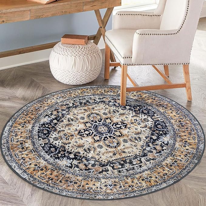 KOZYFLY Round Rug, 6 Ft, Washable, Non Slip, Living Room, Dining Room, Gold Navy